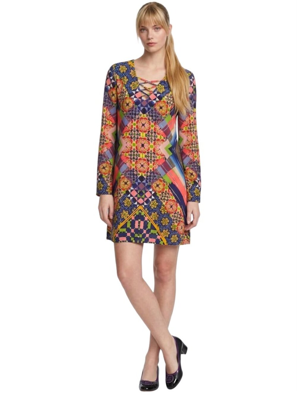 eci New York Mosaic Shift Dress Floral Geometric Pattern Print 100% Rayon Lined